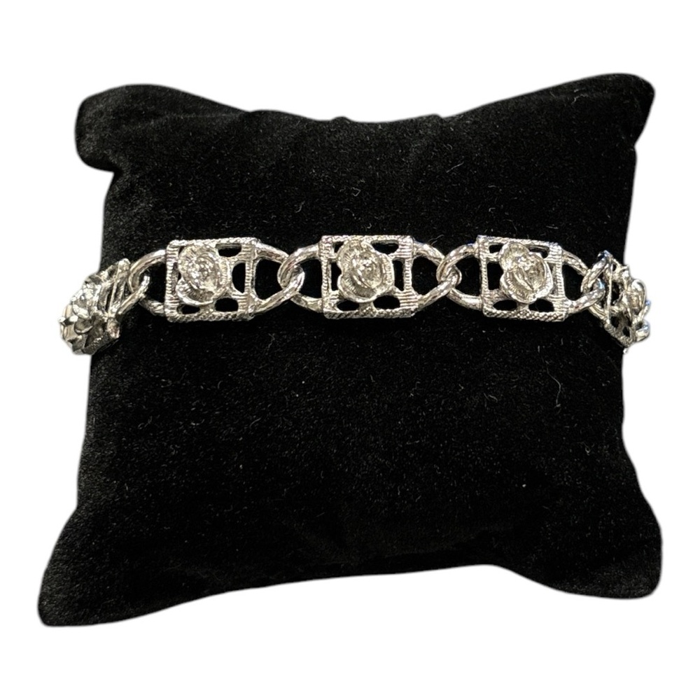 Sarah Coventry Vintage Silver Tone Rose Flower Chain Link Bracelet 7.25" JB2